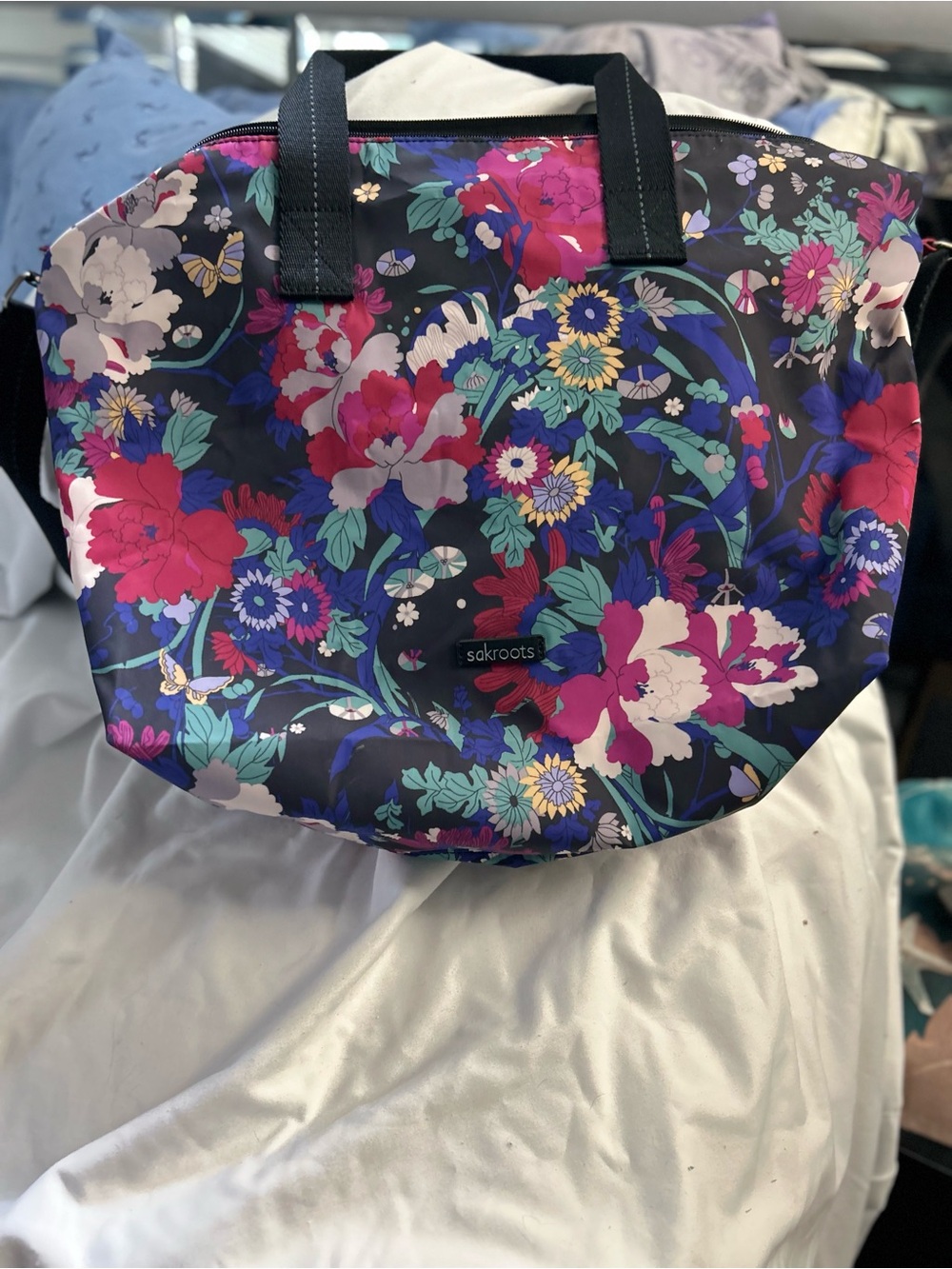 Sakroots Black Floral Tote with Fuchsia, Blue & Yellow Blooms